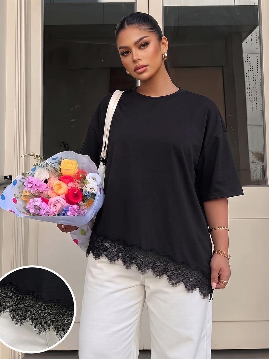 Muchica Plus Contrast Lace Asymmetrical Hem Drop Shoulder Tee Formal Going Out Black Summer Casual Elegant - Multicolor - View 1