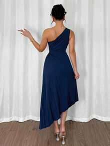 NOVVYNE Women's Sleeveless Solid Color Asymmetric Hem Pleated Midi Dress, Elegant For Summer - Navy Blue - View 7