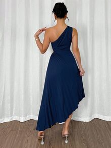 NOVVYNE Women's Sleeveless Solid Color Asymmetric Hem Pleated Midi Dress, Elegant For Summer - Navy Blue - View 2