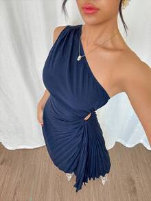 NOVVYNE Women's Sleeveless Solid Color Asymmetric Hem Pleated Midi Dress, Elegant For Summer - Navy Blue - View 5