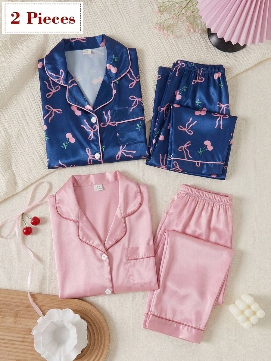 SHEIN 秋冬季青少年女孩深藍色可愛蝴蝶結印花翻領鈕扣長袖上衣配休閒長褲舒適兩件套居家服,假期居家穿著 - 彩色 - 查看 1