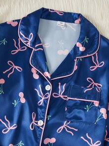 SHEIN 秋冬季青少年女孩深藍色可愛蝴蝶結印花翻領鈕扣長袖上衣配休閒長褲舒適兩件套居家服，假期居家穿著 - 彩色 - 查看 8