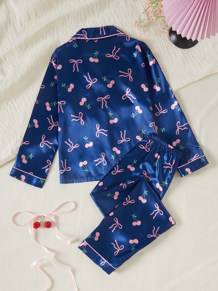 Autumn/Winter Tween Girl Navy Blue Cute Bow Print Turn-Down Collar Button-Up Long Sleeve Top With Casual Long Pants Comfortable 2 Pieces Set Loungewear, Holiday Home Wear - Multicolor - View 2