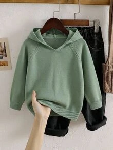 SHEIN 男童純色連帽針織毛衣，簡約V領套頭上衣，舒適適合秋冬，休閒百搭，適用日常穿著、旅行與上學 - 綠色 - 查看 3