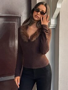 Aloruh Vintage Fashion Fur Collar Patchwork Pullover Long Sleeve Sweater - Coffee Brown - View 7