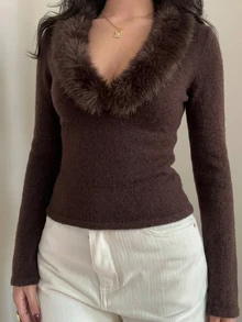 Aloruh Vintage Fashion Fur Collar Patchwork Pullover Long Sleeve Sweater - Coffee Brown - View 5