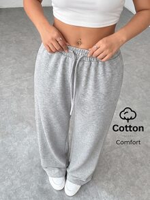 SHEIN PETITE CURVE Quần dài casual size lớn màu trơn phong cách tối giản, cạp rút có túi, mùa thu - Màu Xám nhạt - Xem 5