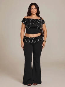 SHEIN PETITE CURVE Plus Size French Style Versatile Polka Dot Print Pleated Flared Pants Fall - Black - View 3