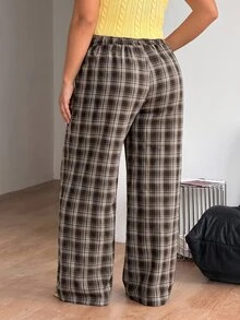 SHEIN PETITE CURVE 大尺碼女款抽繩腰格紋寬腿寬鬆休閒長褲 - 棕色 - 查看 8
