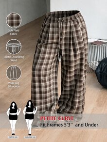 SHEIN PETITE CURVE 大尺碼女款抽繩腰格紋寬腿寬鬆休閒長褲 - 棕色 - 查看 1
