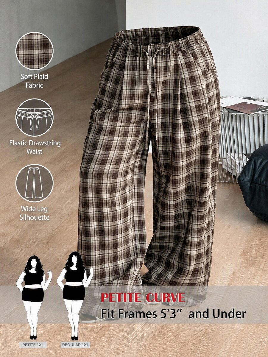 SHEIN PETITE CURVE 大尺碼女款抽繩腰格紋寬腿寬鬆休閒長褲 - 棕色 - 查看 1