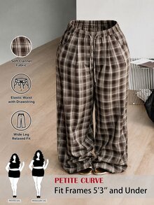 SHEIN PETITE CURVE 大尺碼女款抽繩腰格紋寬腿寬鬆休閒長褲 - 棕色 - 查看 10