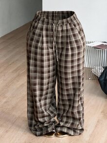 SHEIN PETITE CURVE 大尺碼女款抽繩腰格紋寬腿寬鬆休閒長褲 - 棕色 - 查看 7