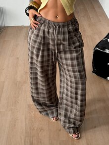 SHEIN PETITE CURVE 大尺碼女款抽繩腰格紋寬腿寬鬆休閒長褲 - 棕色 - 查看 6