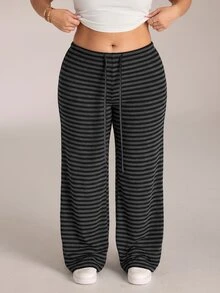 SHEIN PETITE CURVE 大尺碼休閒寬鬆條紋長褲 秋季 - 黑色 - 查看 5