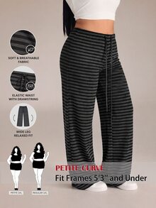 SHEIN PETITE CURVE 大尺碼休閒寬鬆條紋長褲 秋季 - 黑色 - 查看 10