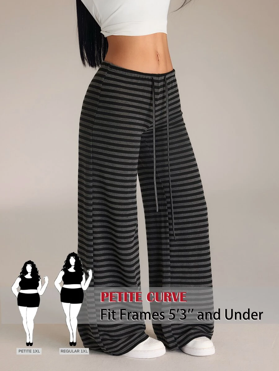 SHEIN PETITE CURVE Plus Size Casual Loose Striped Pants Fall - Black - View 1
