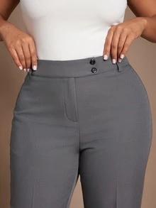 SHEIN PETITE CURVE 大尺碼女款純色腰部鈕扣設計寬腿長褲 秋季晚餐辦公穿搭 灰色優雅 - 灰色 - 查看 9