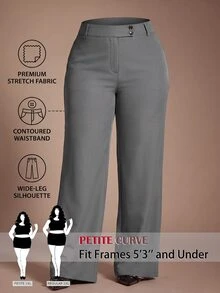 SHEIN PETITE CURVE 大尺碼女款純色腰部鈕扣設計寬腿長褲 秋季晚餐辦公穿搭 灰色優雅 - 灰色 - 查看 2