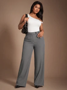SHEIN PETITE CURVE 大尺碼女款純色腰部鈕扣設計寬腿長褲 秋季晚餐辦公穿搭 灰色優雅 - 灰色 - 查看 6
