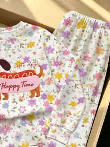 幼女花卉與卡通狗狗印花圓領運動衫與寬腿褲套裝，秋季穿搭 - 彩色 - 查看 5