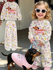 幼女花卉與卡通狗狗印花圓領運動衫與寬腿褲套裝，秋季穿搭 - 彩色 - 查看 3