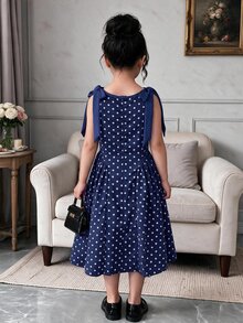 SHEIN 女童休閒優雅時尚日常百搭圓領可拆式蝴蝶結無袖波點洋裝 - 藍色 - 查看 2