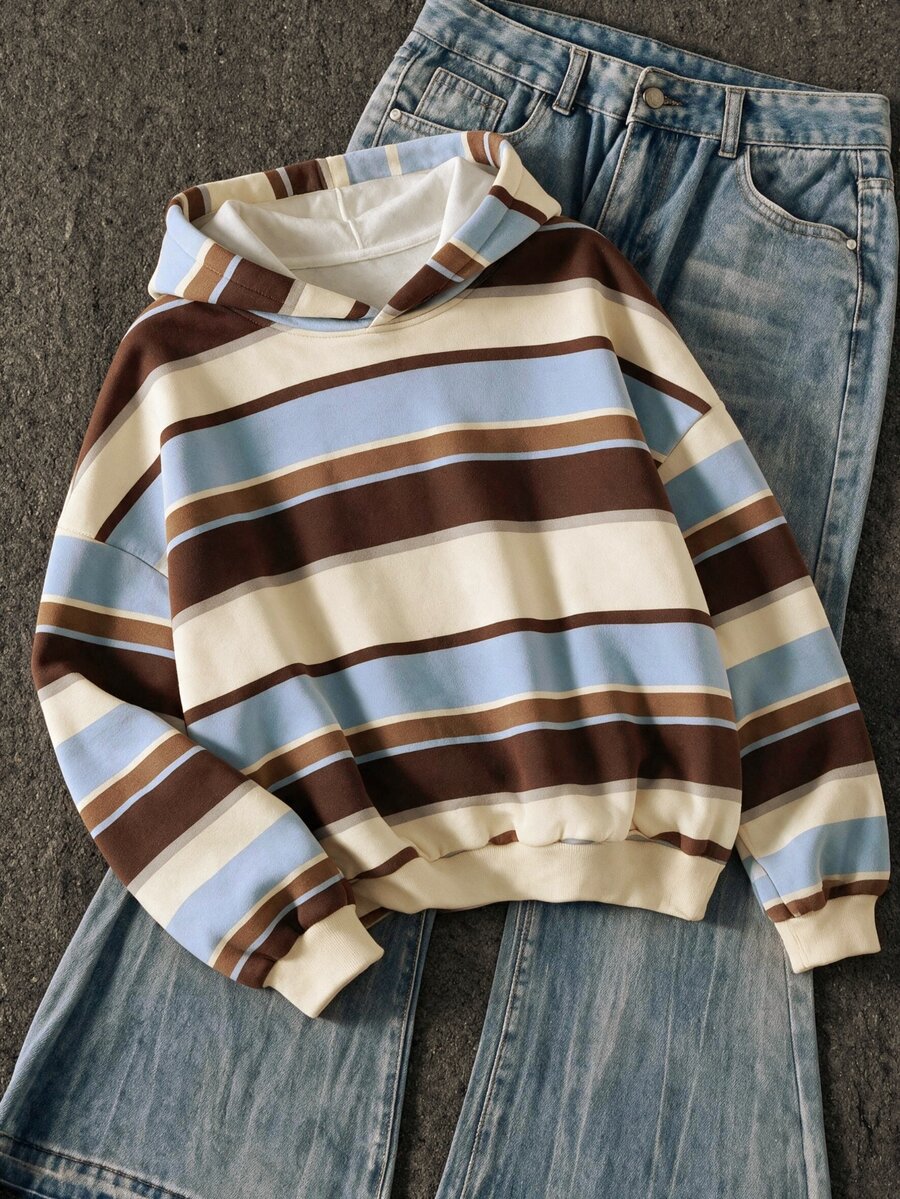 Girls Colorblock Horizontal Striped Long Sleeve T-Shirt, Pink Coffee Apricot Three-Color Patchwork Hooded Drop Shoulder Loose Oversized Lazy Pullover Top, Preppy Style Spring Autumn Daily Casual Outing Base Layer T-Shirt - Multicolor - View 1