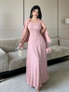 Modelyn Pink 3D Floral Trim Petal Sleeve Textured Jacquard Short Top & Dress 2 Pieces Set - Pink - View 3