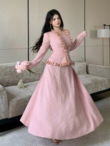 Modelyn Pink 3D Floral Trim Petal Sleeve Textured Jacquard Short Top & Dress 2 Pieces Set - Pink - View 5