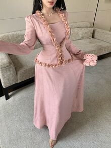 Modelyn Pink 3D Floral Trim Petal Sleeve Textured Jacquard Short Top & Dress 2 Pieces Set - Pink - View 8
