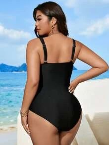 SHEIN Swim Plus Size Women Crisscross Dual Tone Mesh Patchwork Slim Fit One-Piece Swimsuit, Summer Beach Vacation - Black - View 2