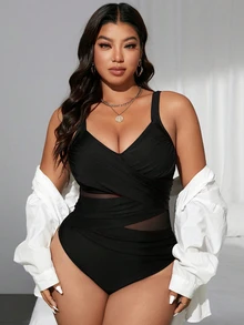SHEIN Swim Plus Size Women Crisscross Dual Tone Mesh Patchwork Slim Fit One-Piece Swimsuit, Summer Beach Vacation - Black - View 4