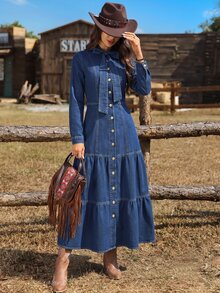 SHEIN PETITE Women's Vacation Ruffle Hem Long Sleeve Denim Dress - Dark Wash - View 3