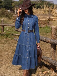 SHEIN PETITE Women's Vacation Ruffle Hem Long Sleeve Denim Dress - Dark Wash - View 6