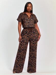 Radiana Plus Size Women's Street Cargo Casual Going Out Leopard Print Drawstring 2 Pieces Set, Versatile, Vacation, Beach, Date, Birthday, Brown Spotty Summer - Brown - View 4
