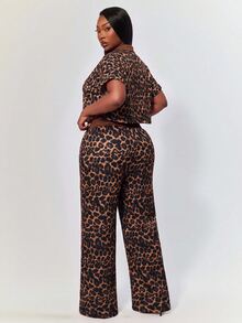 Radiana Plus Size Women's Street Cargo Casual Going Out Leopard Print Drawstring 2 Pieces Set, Versatile, Vacation, Beach, Date, Birthday, Brown Spotty Summer - Brown - View 3