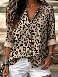 RosyDaze Leopard Print Digital Print Fashion Casual Regular Fit Women's Long Sleeve Shirt - Multicolor - View 1