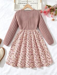 SHEIN Kids Tween Girl Tween Girl Casual Minimalist Comfortable V-Neck Pullover Long Sleeve Patchwork Midi Dress, Tween Girl Autumn/Winter - Pink - View 7