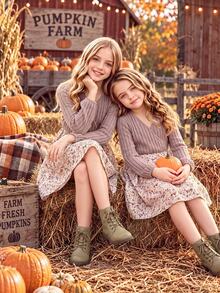 SHEIN Kids Tween Girl Tween Girl Casual Minimalist Comfortable V-Neck Pullover Long Sleeve Patchwork Midi Dress, Tween Girl Autumn/Winter - Pink - View 2