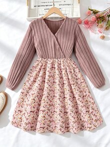 SHEIN Kids Tween Girl Tween Girl Casual Minimalist Comfortable V-Neck Pullover Long Sleeve Patchwork Midi Dress, Tween Girl Autumn/Winter - Pink - View 1