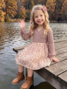 SHEIN Kids Tween Girl Tween Girl Casual Minimalist Comfortable V-Neck Pullover Long Sleeve Patchwork Midi Dress, Tween Girl Autumn/Winter - Pink - View 3