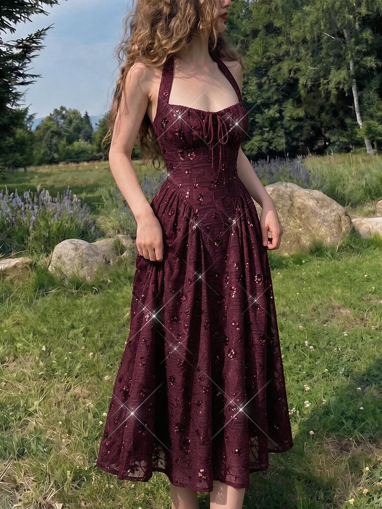 SHEIN MOD Women's Sequin Design Front Tie Elegant Halter Neck Midi Dress - Burgundy - View 3