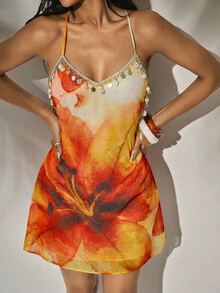 Radiana Women's Boho Beige Summer Vacation Holiday Dress,Hand-Sewn Shell Sequin Spaghetti Strap Backless A-Line Mini Dress,Orange Floral Sunset Outfit - Apricot - View 3