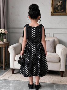 SHEIN 少女休閒優雅時尚日常百搭圓領可拆卸蝴蝶結無袖波點洋裝 - 黑色 - 查看 2
