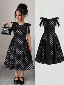 SHEIN 少女休閒優雅時尚日常百搭圓領可拆卸蝴蝶結無袖波點洋裝 - 黑色 - 查看 1
