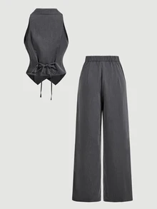 SHEIN MOD Woman Elegant Business Formal Notch Lapel Vest And Pants 2 Pieces Set, Suitable For Autumn/Winte - Grey - View 2