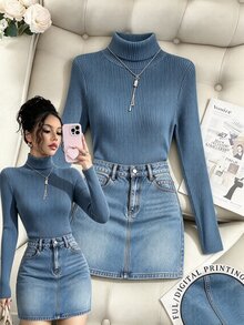 SHEIN Franclia Women's Long Sleeve Versatile Top And Denim Effect Print Mini Skirt 2 Pieces Set - Blue - View 3