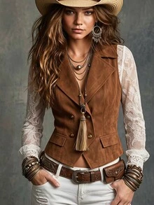 SHEIN Women's Solid Color Lapel Neck Double-Breasted Casual Country Western Vest Jacket Thanksgiving Everyday Daytime Brown Summer Concert - Brown - View 1