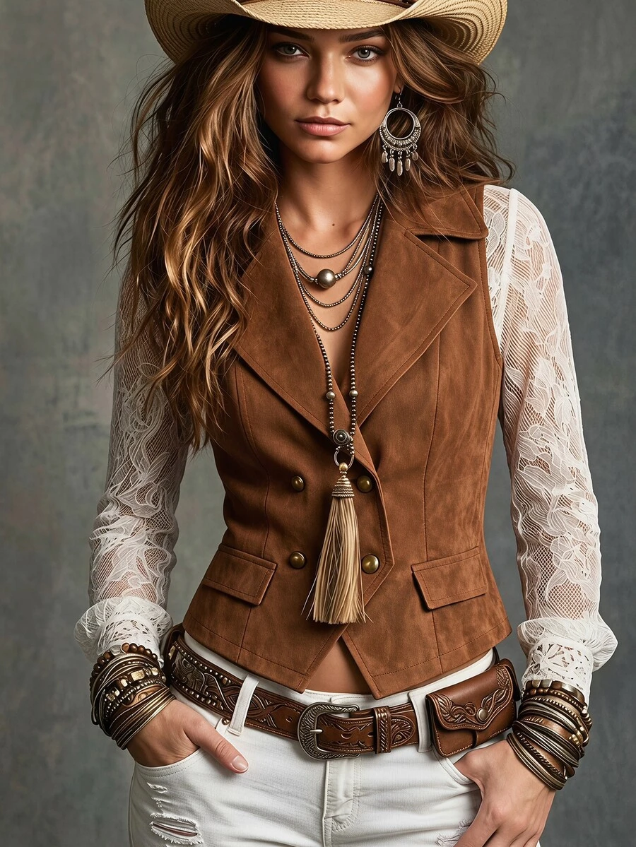 SHEIN Women's Solid Color Lapel Neck Double-Breasted Casual Country Western Vest Jacket Thanksgiving Everyday Daytime Brown Summer Concert - Brown - View 1
